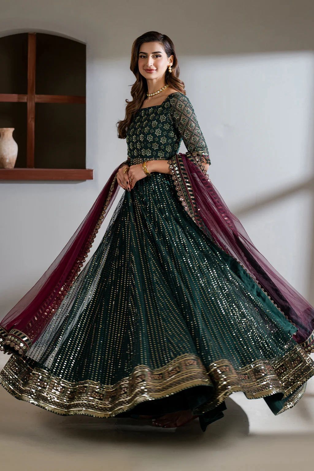 IZK Embroidered Dark Green Luxury Net Maxi