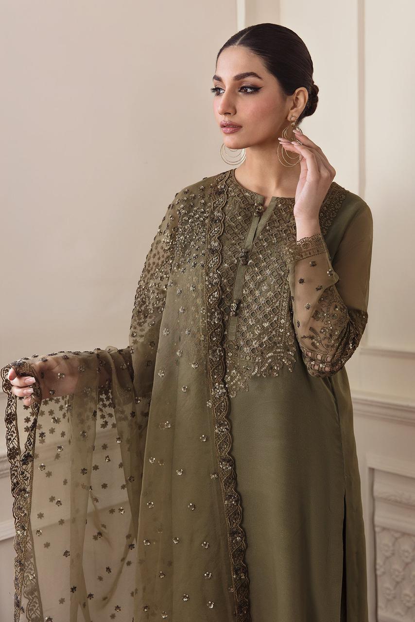 BRQ Embroidered Mehndi Luxury Chiffon Dress
