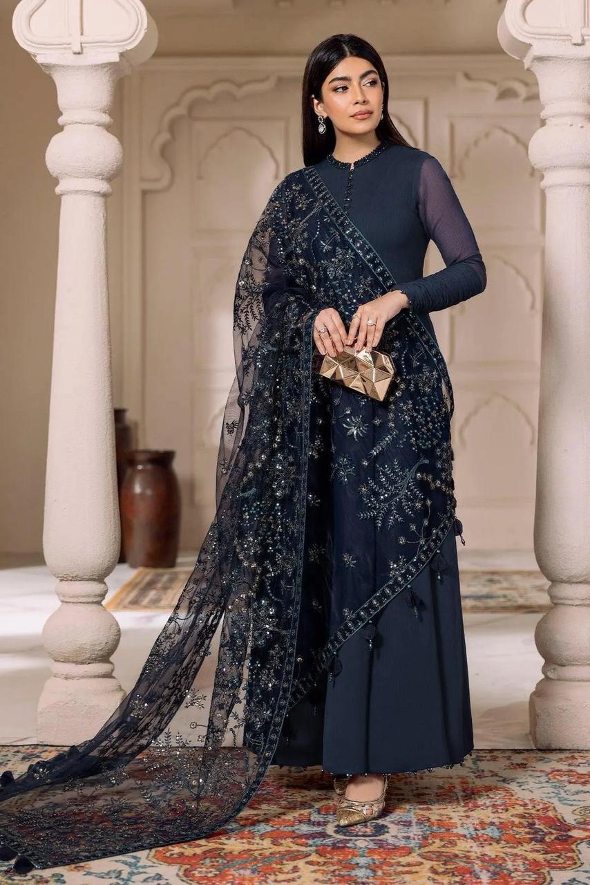 AZH Embroidered Navy Blue Luxury Chiffon Maxi