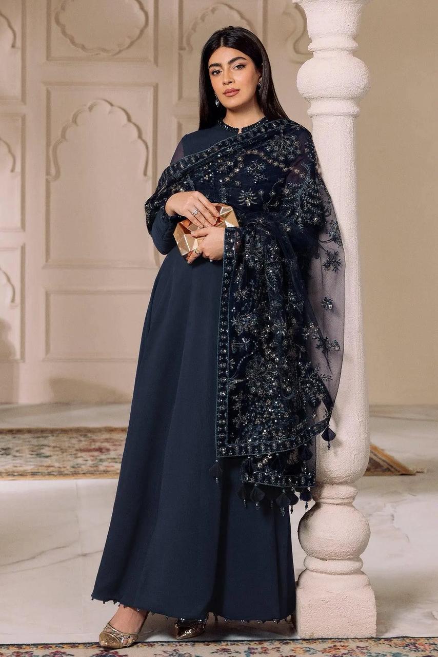 AZH Embroidered Navy Blue Luxury Chiffon Maxi