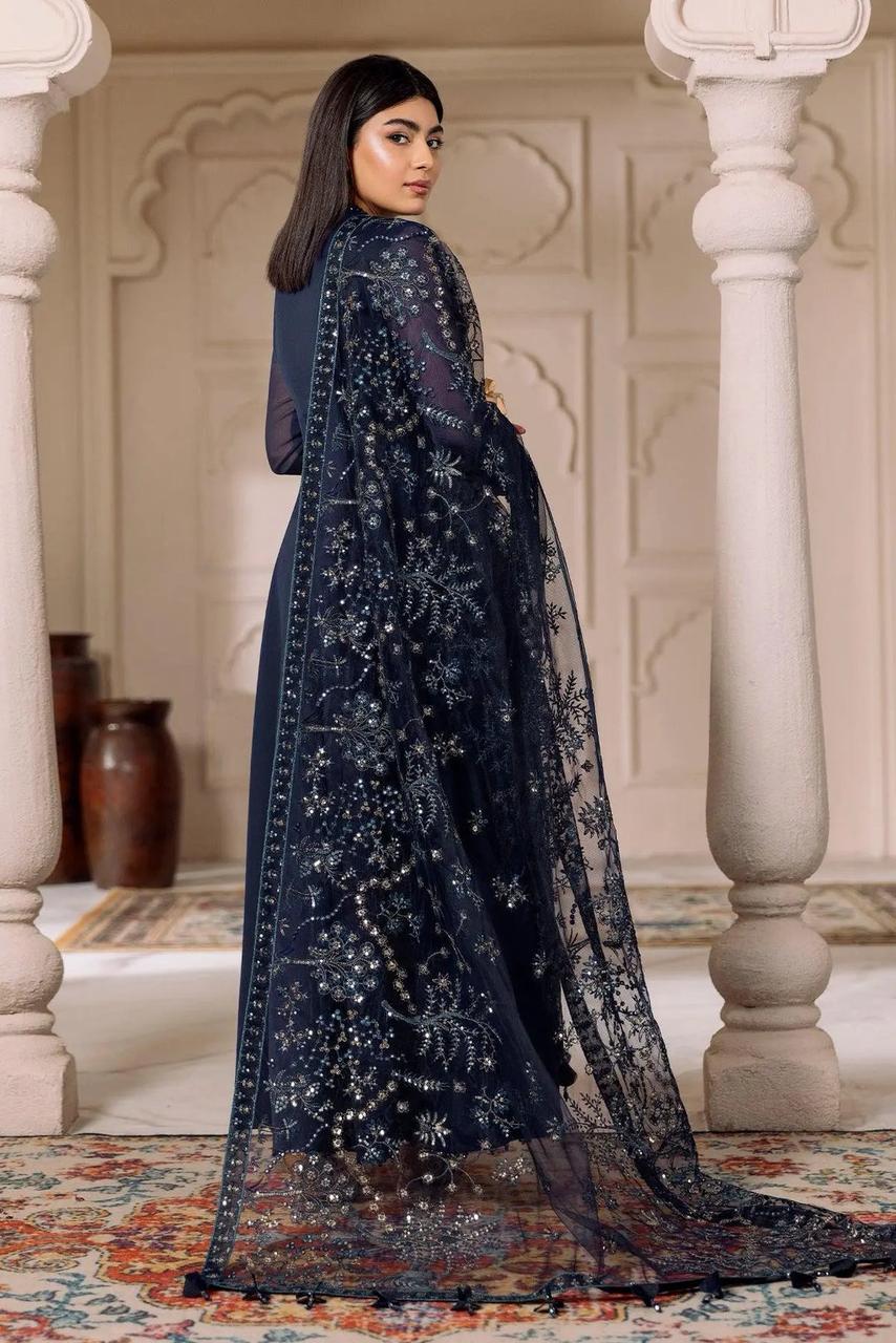 AZH Embroidered Navy Blue Luxury Chiffon Maxi