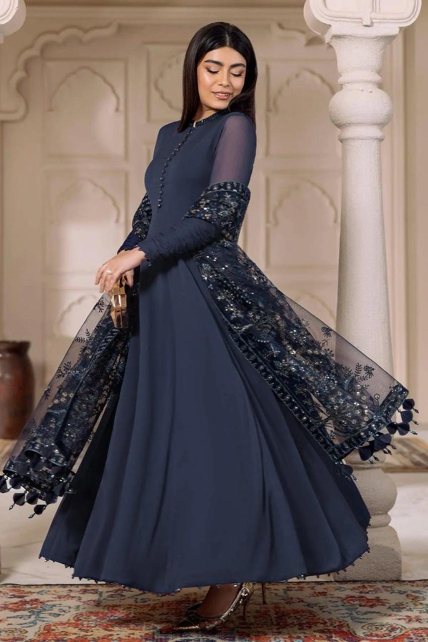 AZH Embroidered Navy Blue Luxury Chiffon Maxi