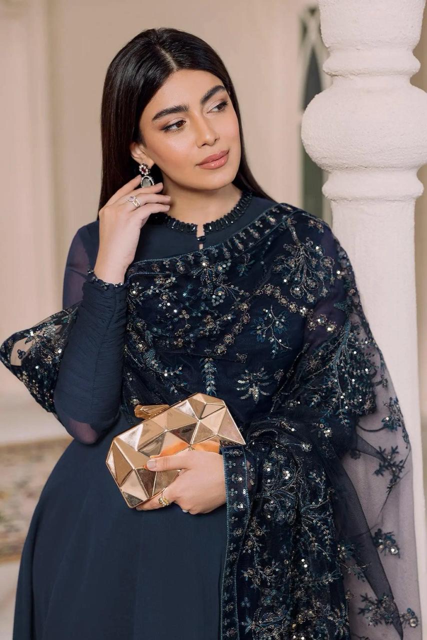 AZH Embroidered Navy Blue Luxury Chiffon Maxi