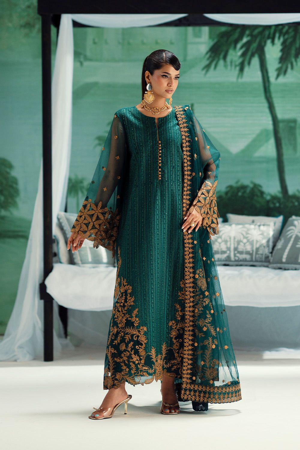 MNM Embroidered Dark Green Luxury Organza Dress