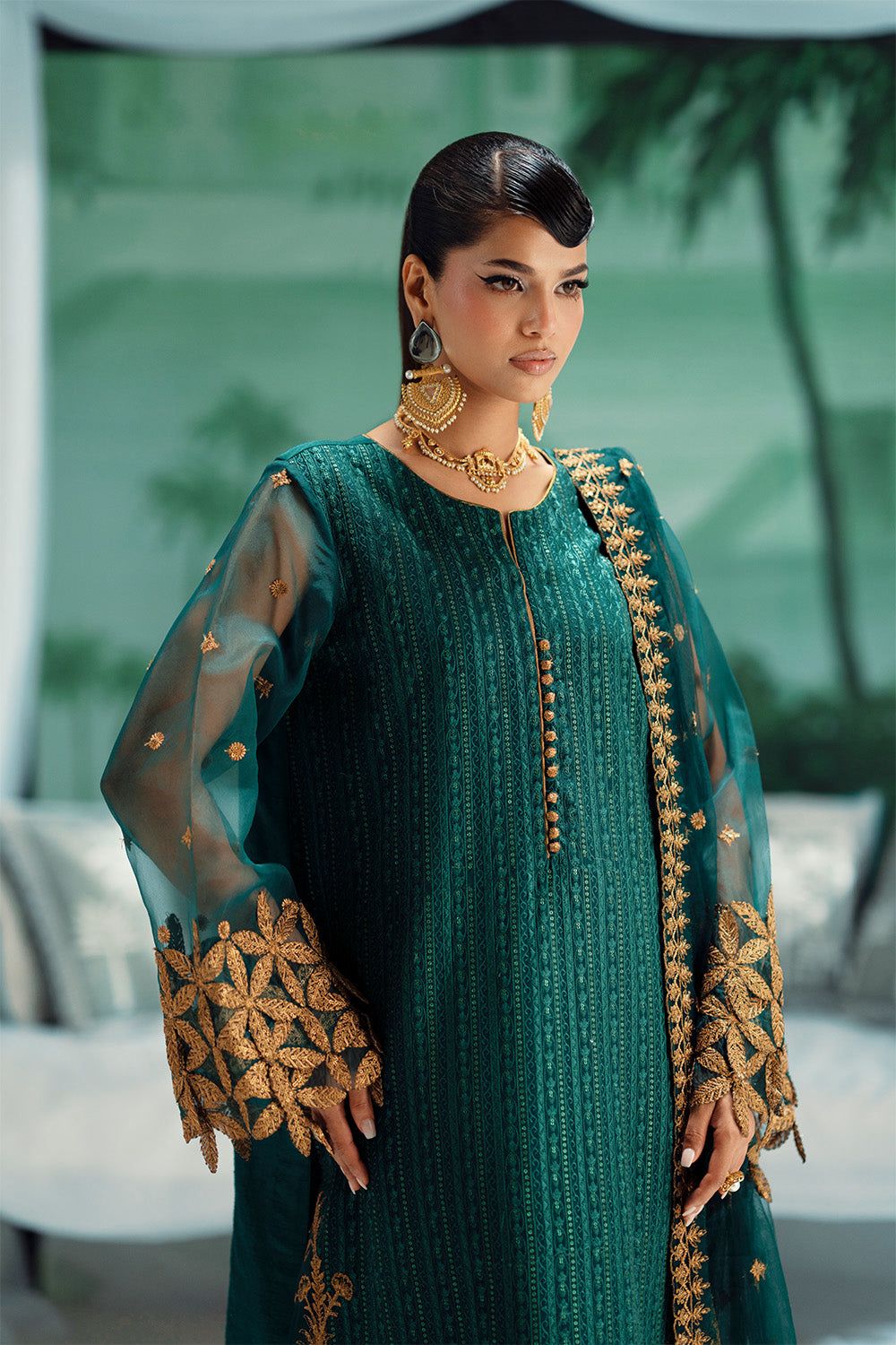 MNM Embroidered Dark Green Luxury Organza Dress