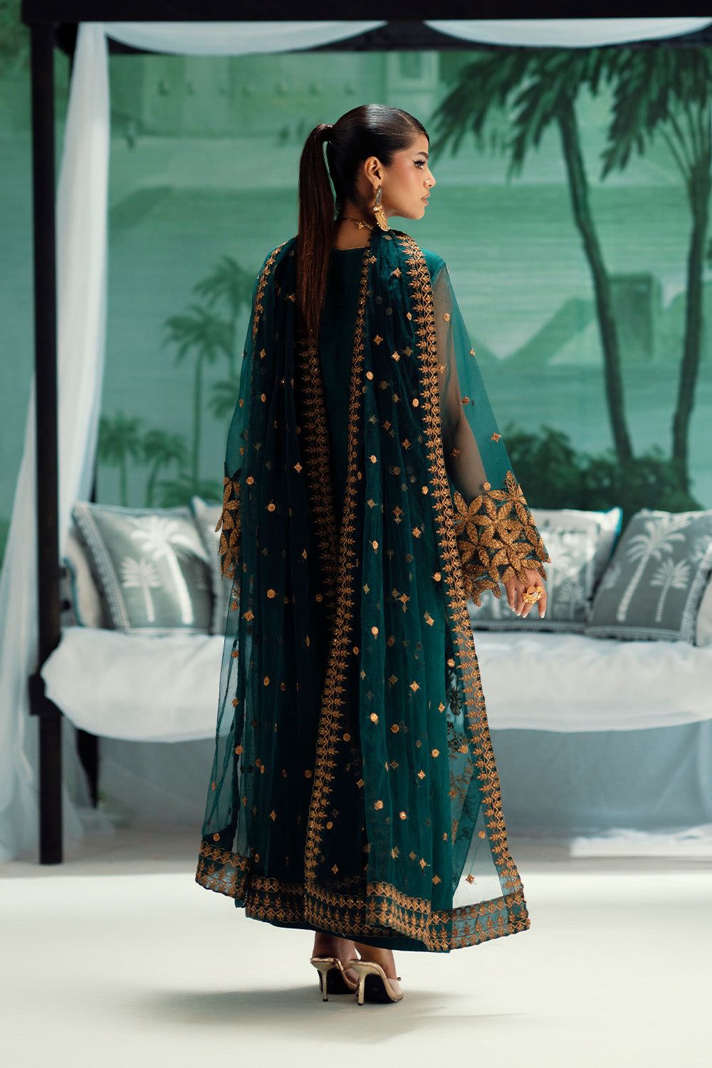 MNM Embroidered Dark Green Luxury Organza Dress