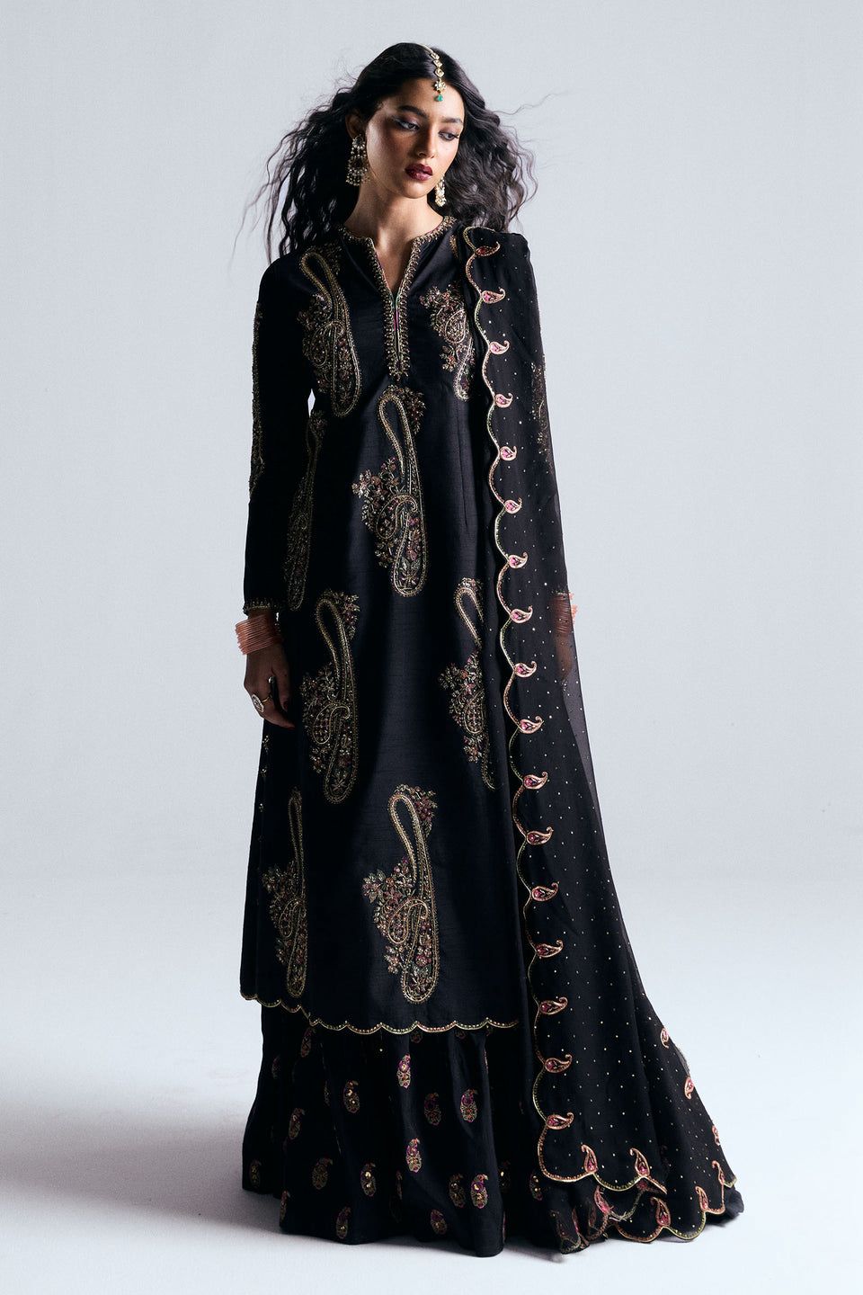 ZSJ Embroidered Black Luxury Raw Silk Dress