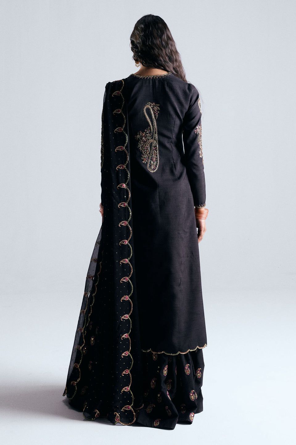 ZSJ Embroidered Black Luxury Raw Silk Dress