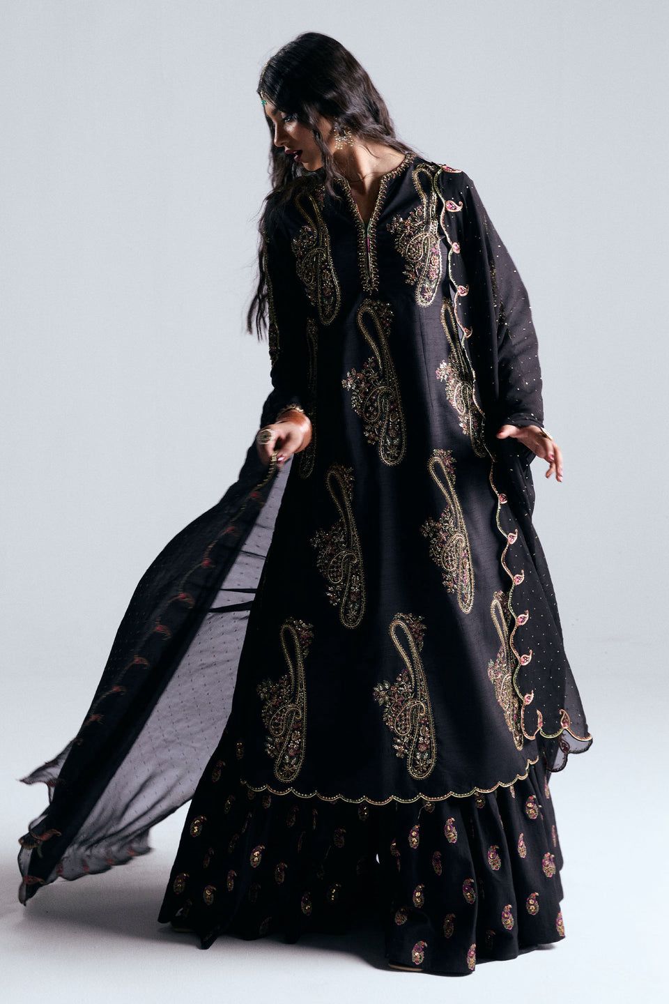 ZSJ Embroidered Black Luxury Raw Silk Dress