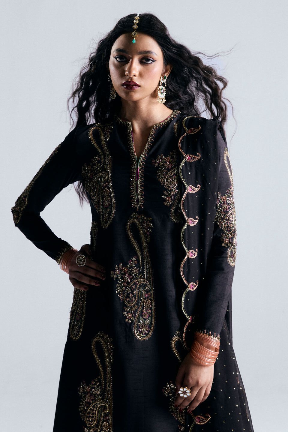 ZSJ Embroidered Black Luxury Raw Silk Dress