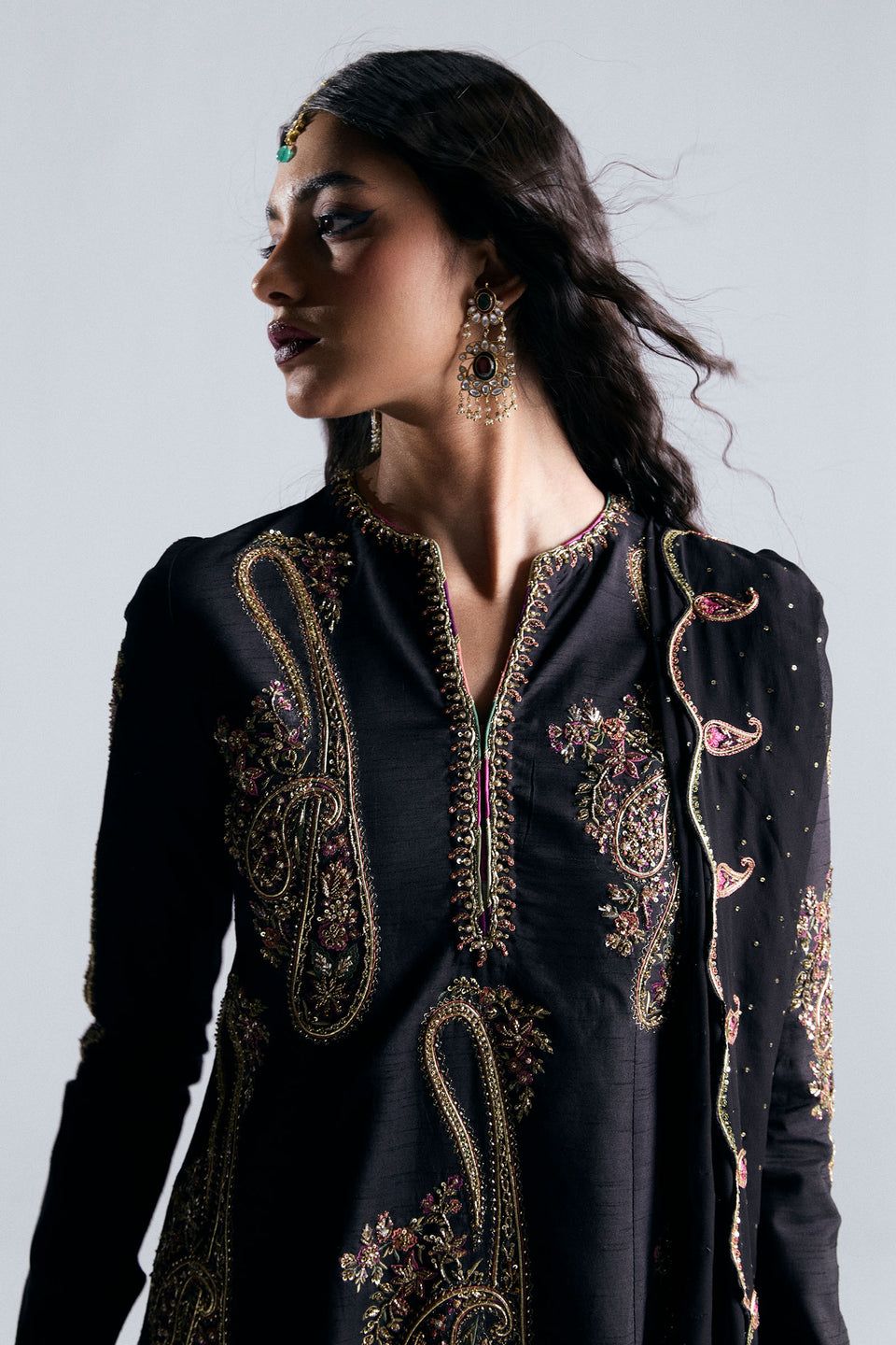 ZSJ Embroidered Black Luxury Raw Silk Dress