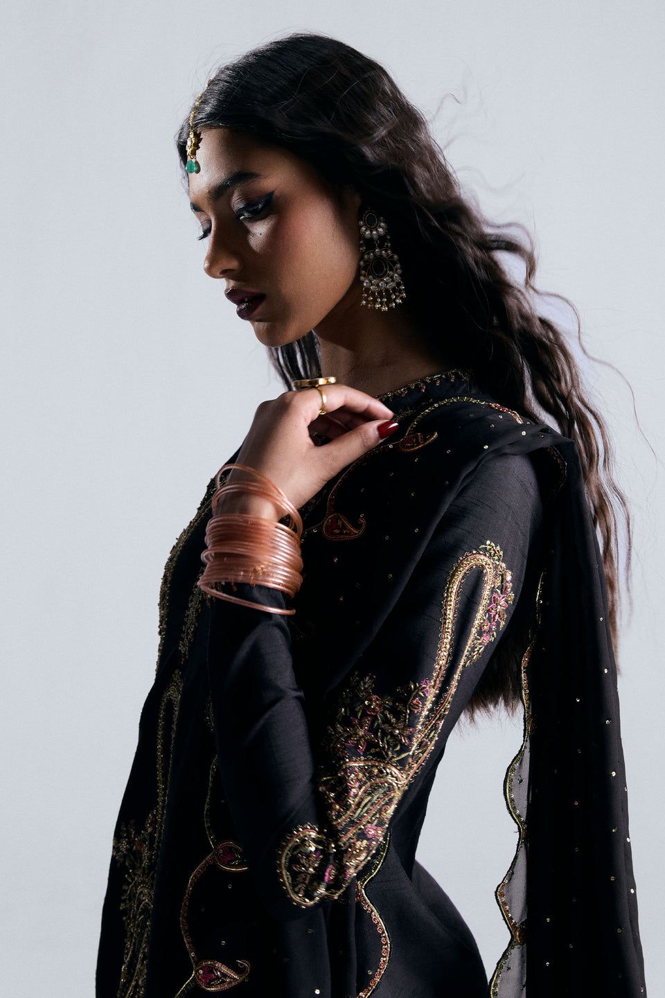 ZSJ Embroidered Black Luxury Raw Silk Dress