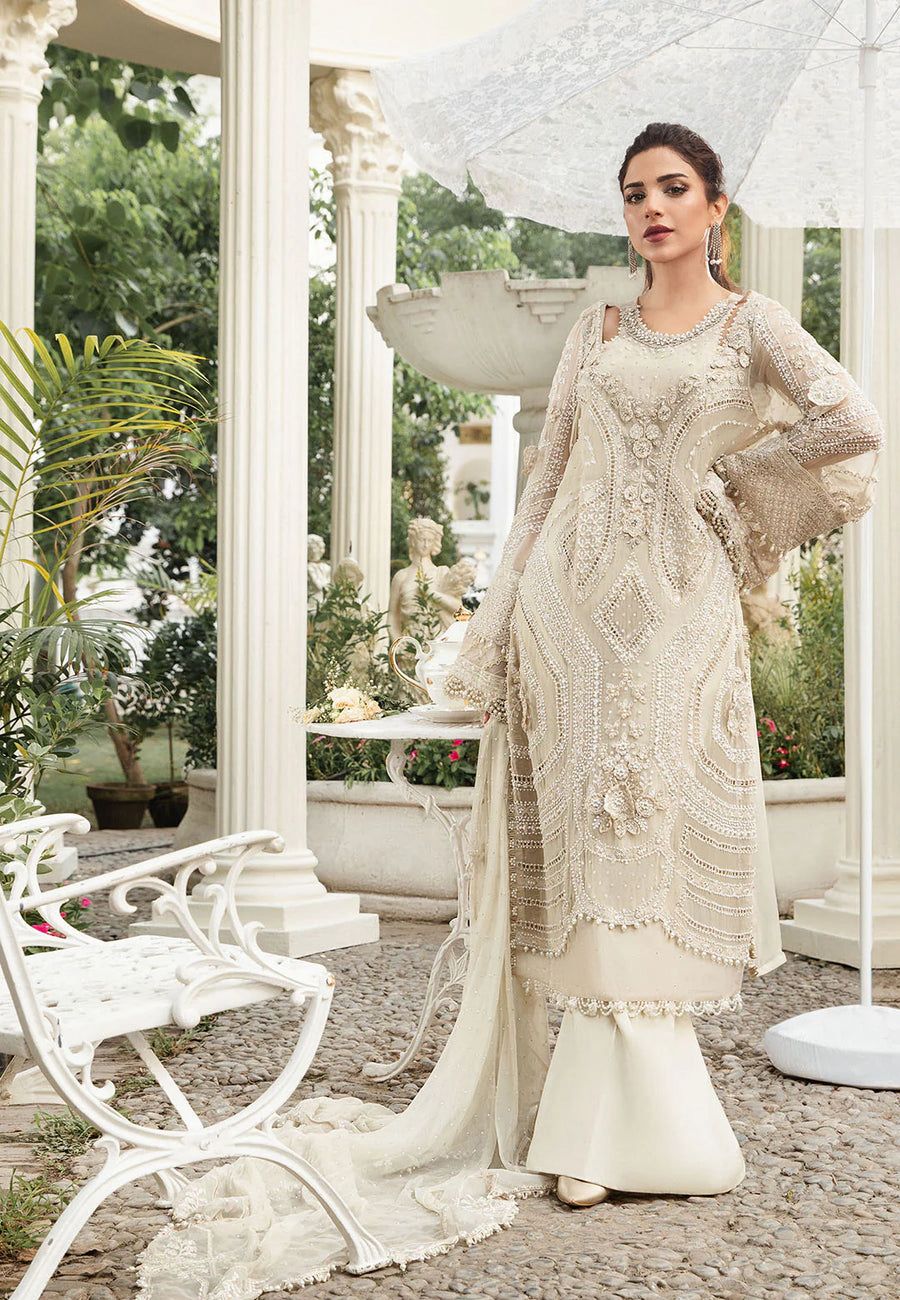 MB Embroidered Off White Luxury Chiffon Dress D4