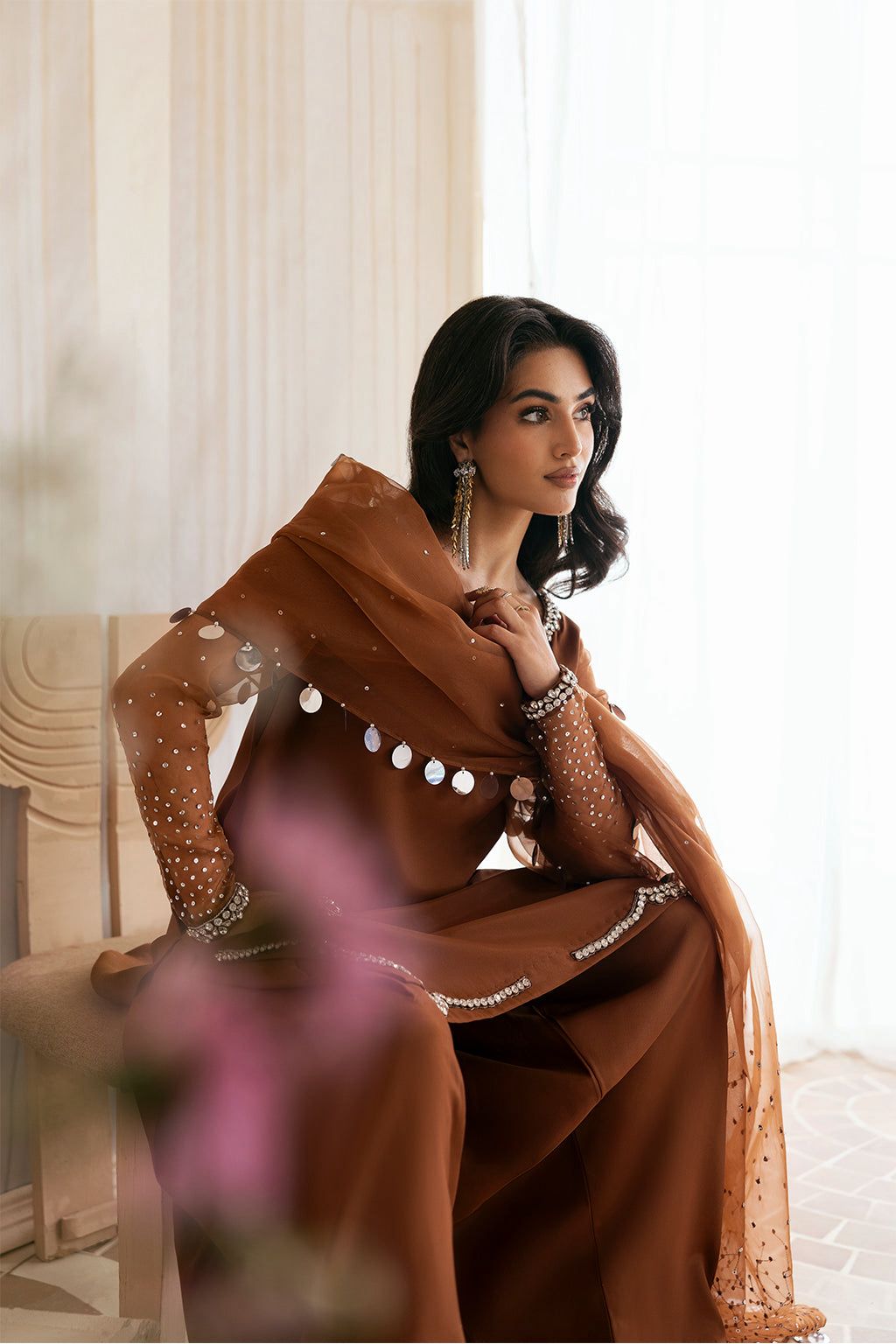 Vanya Embroidered Rust Luxury Silk Dress