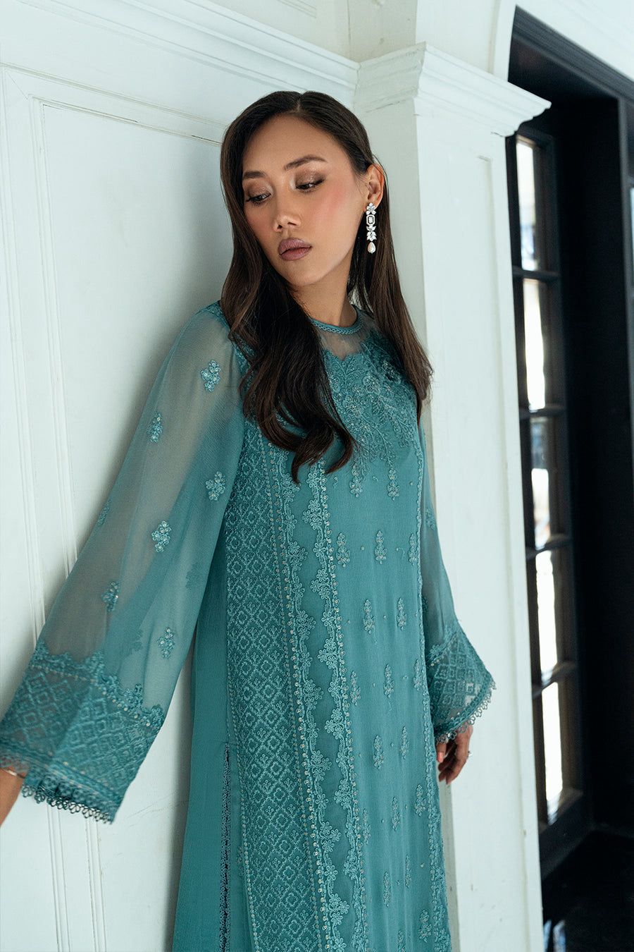 AZU Embroidered Sea Green Luxury Chiffon Dress