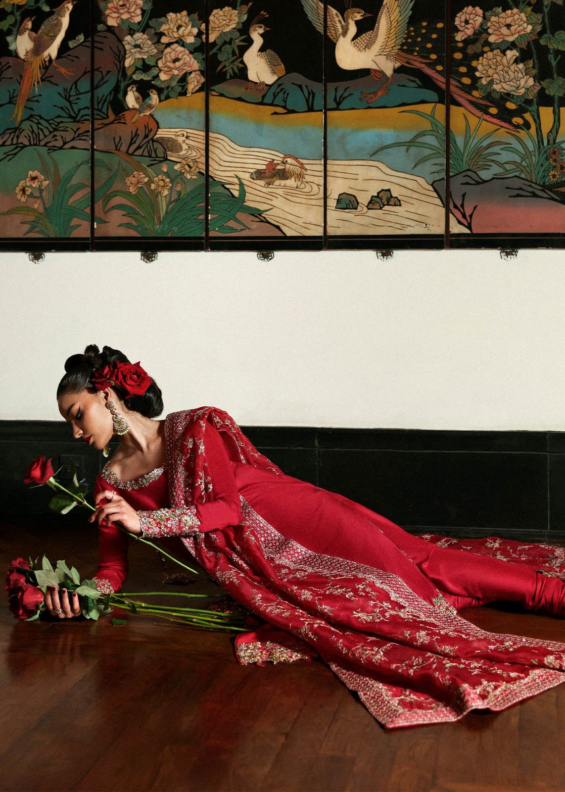 HR Embroidered Red Luxury Raw Silk Dress