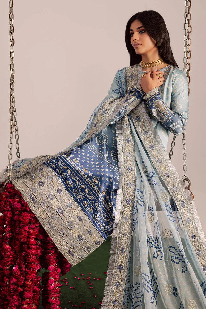 NUR Embroidered Aqua Tie & Dye Luxury Lawn Dress