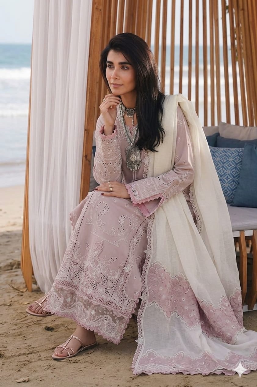 Qalamkar Embroidered Pink Luxury Lawn Dress