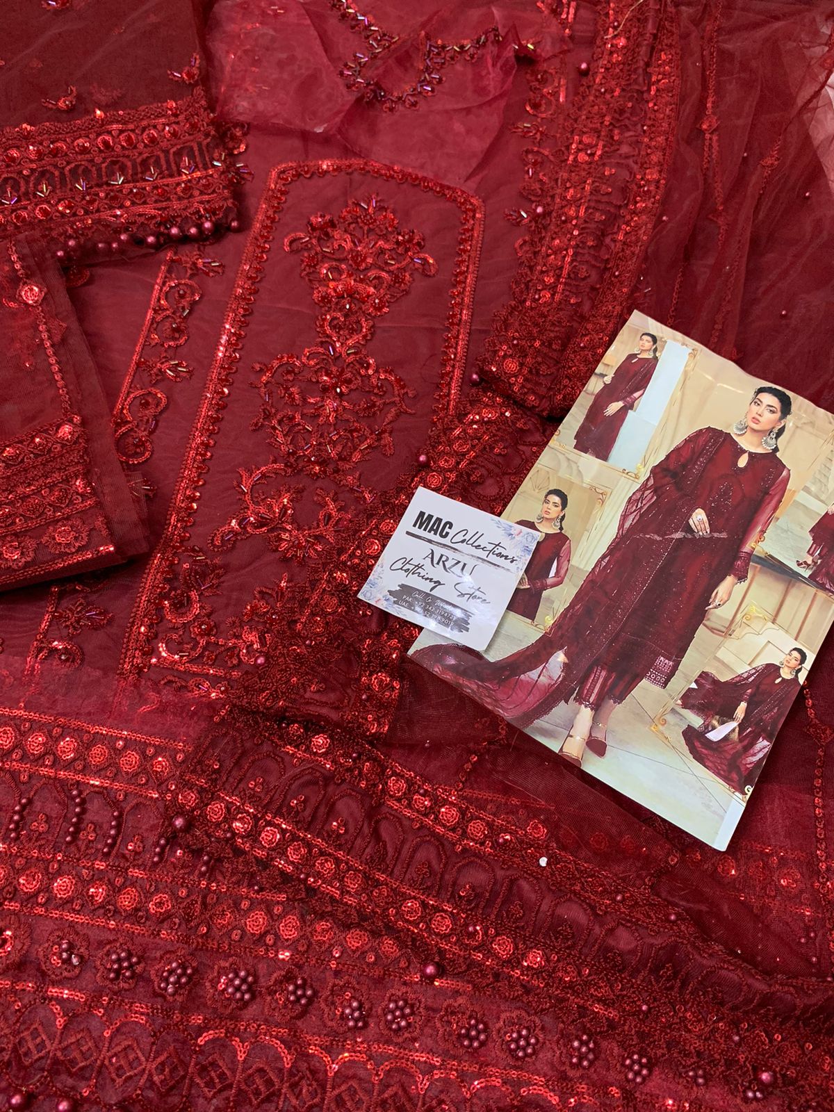 MSQ Embroidered Maroon Luxury Net Dress