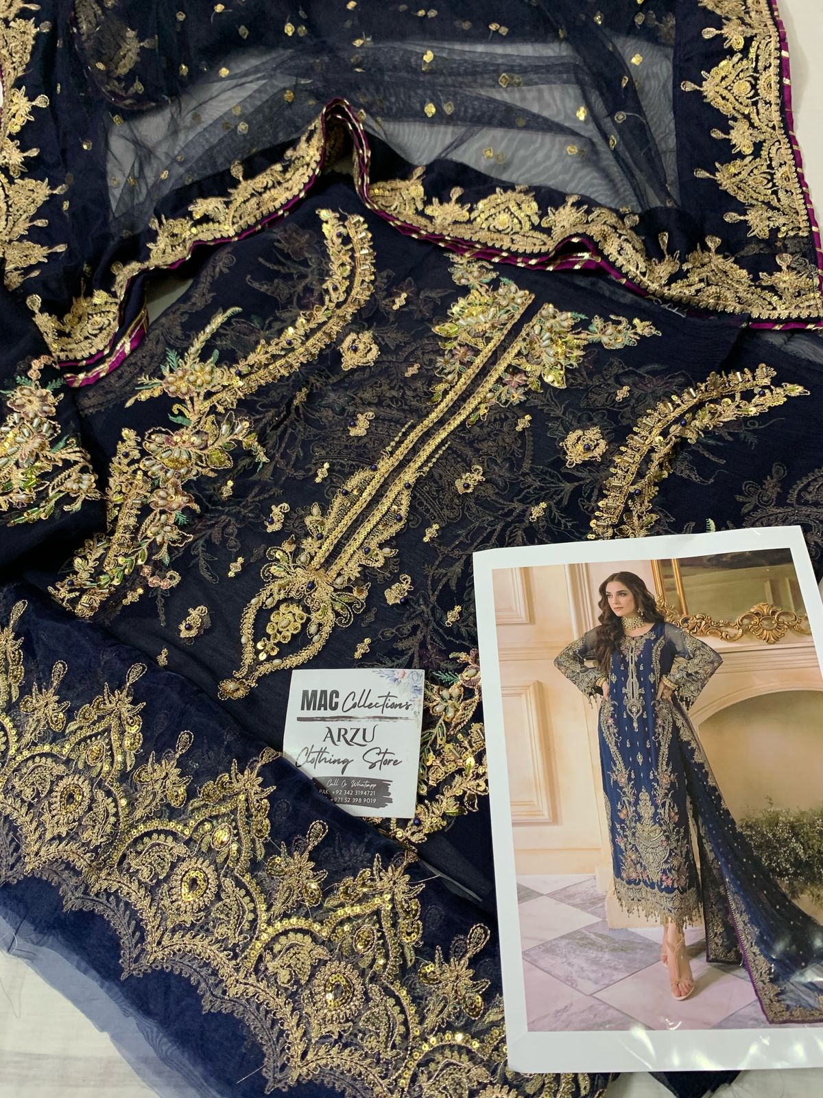 CHZ Embroidered Navy Blue Luxury Chiffon Dress