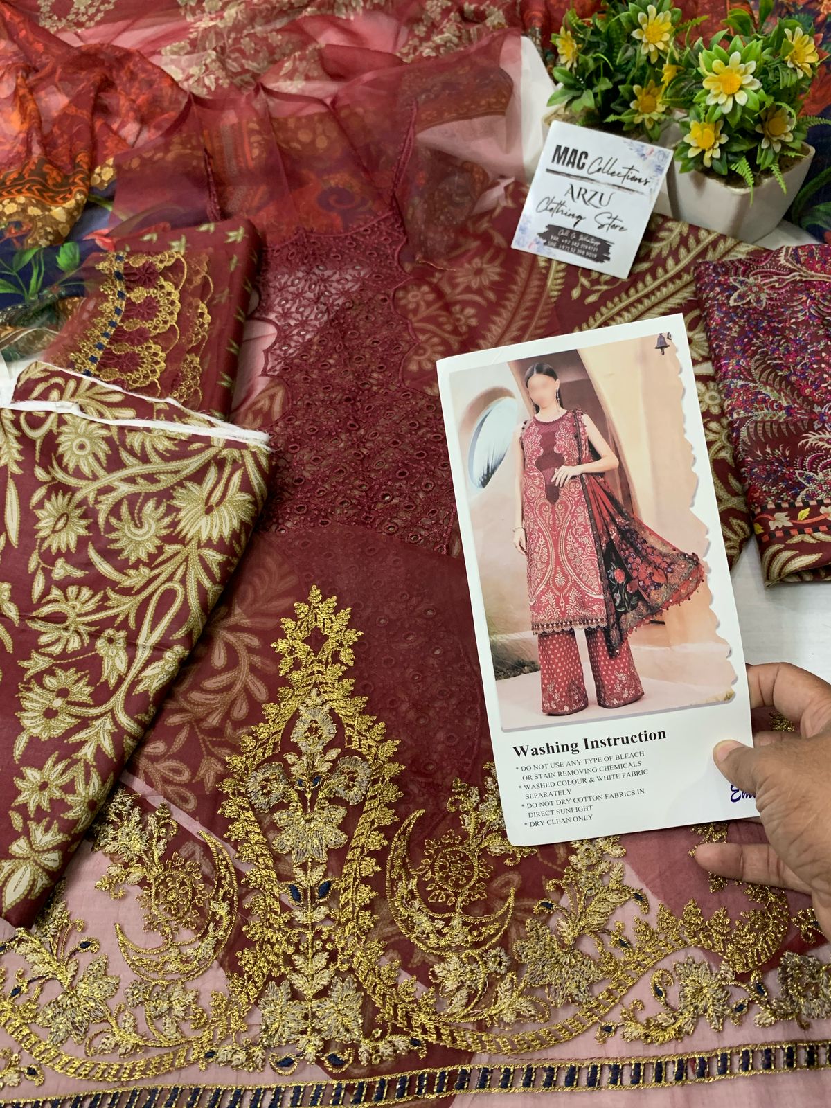 MP Embroidered Maroon & Gold Luxury Lawn Dress