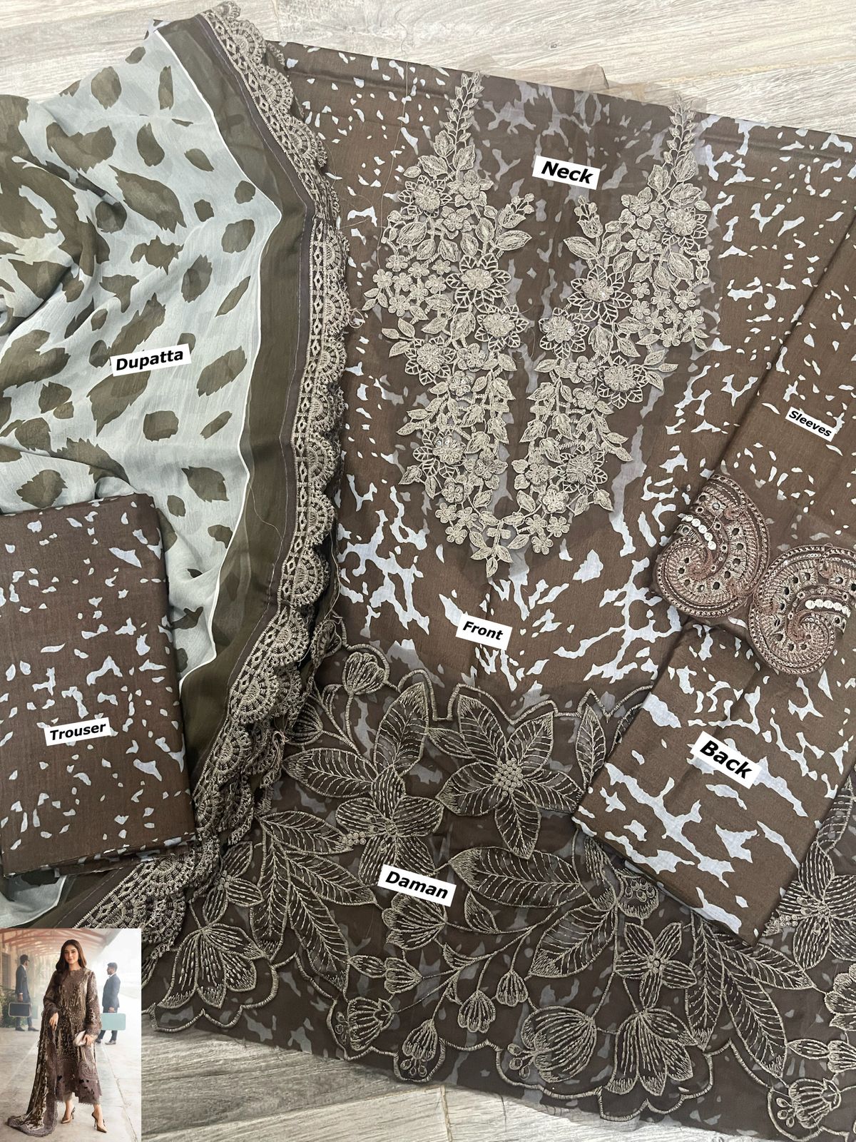 MP Embroidered Brown Luxury Lawn Dress