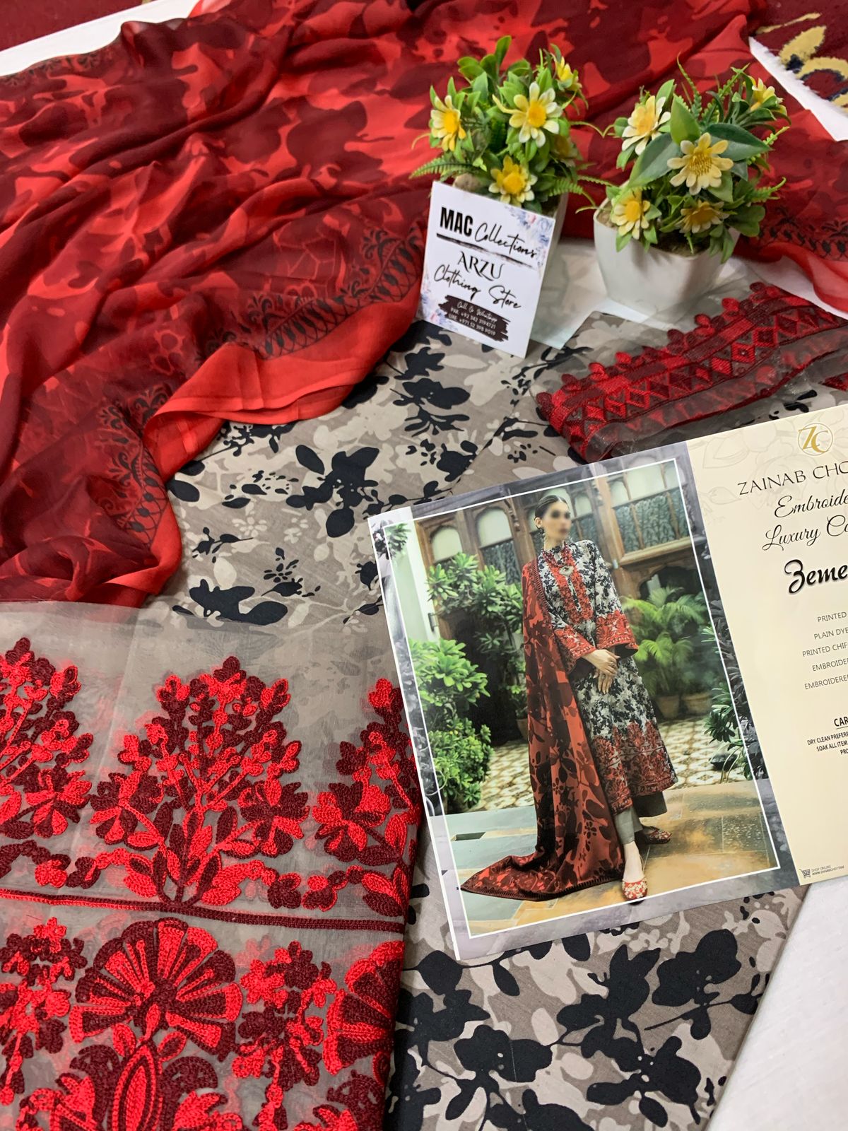 ZC Embroidered Black n Red Luxury Lawn Dress