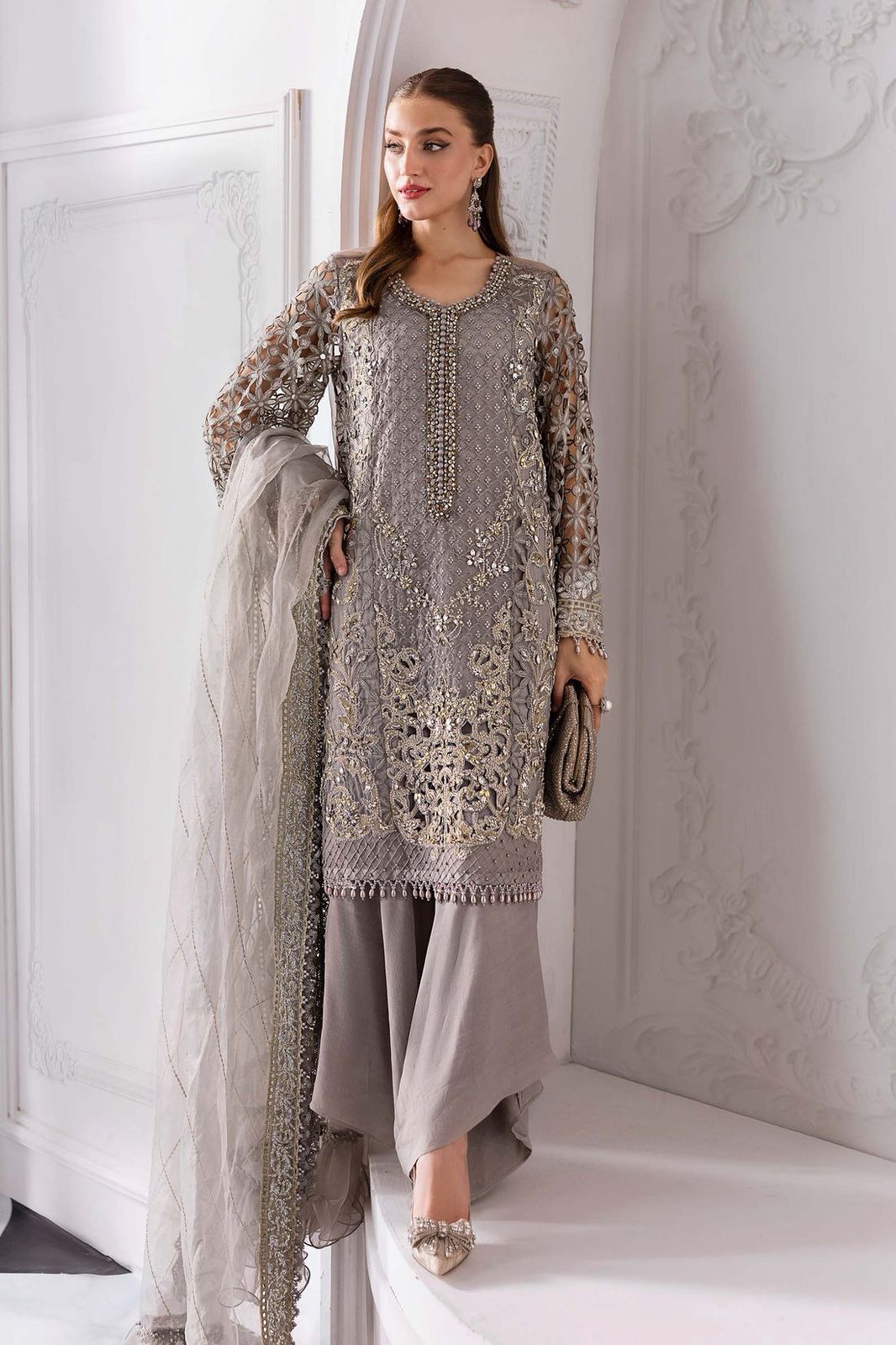 MB Embroidered Grey Luxury Chiffon Gharara