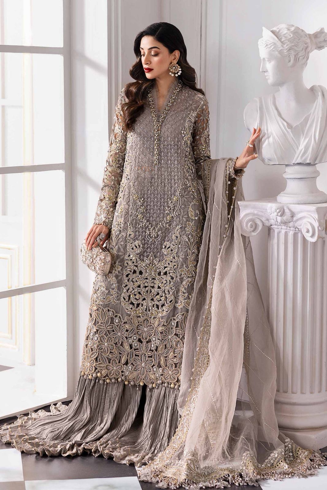 MB Embroidered Grey Luxury Chiffon Gharara