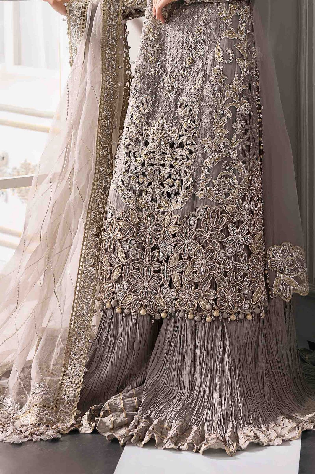 MB Embroidered Grey Luxury Chiffon Gharara