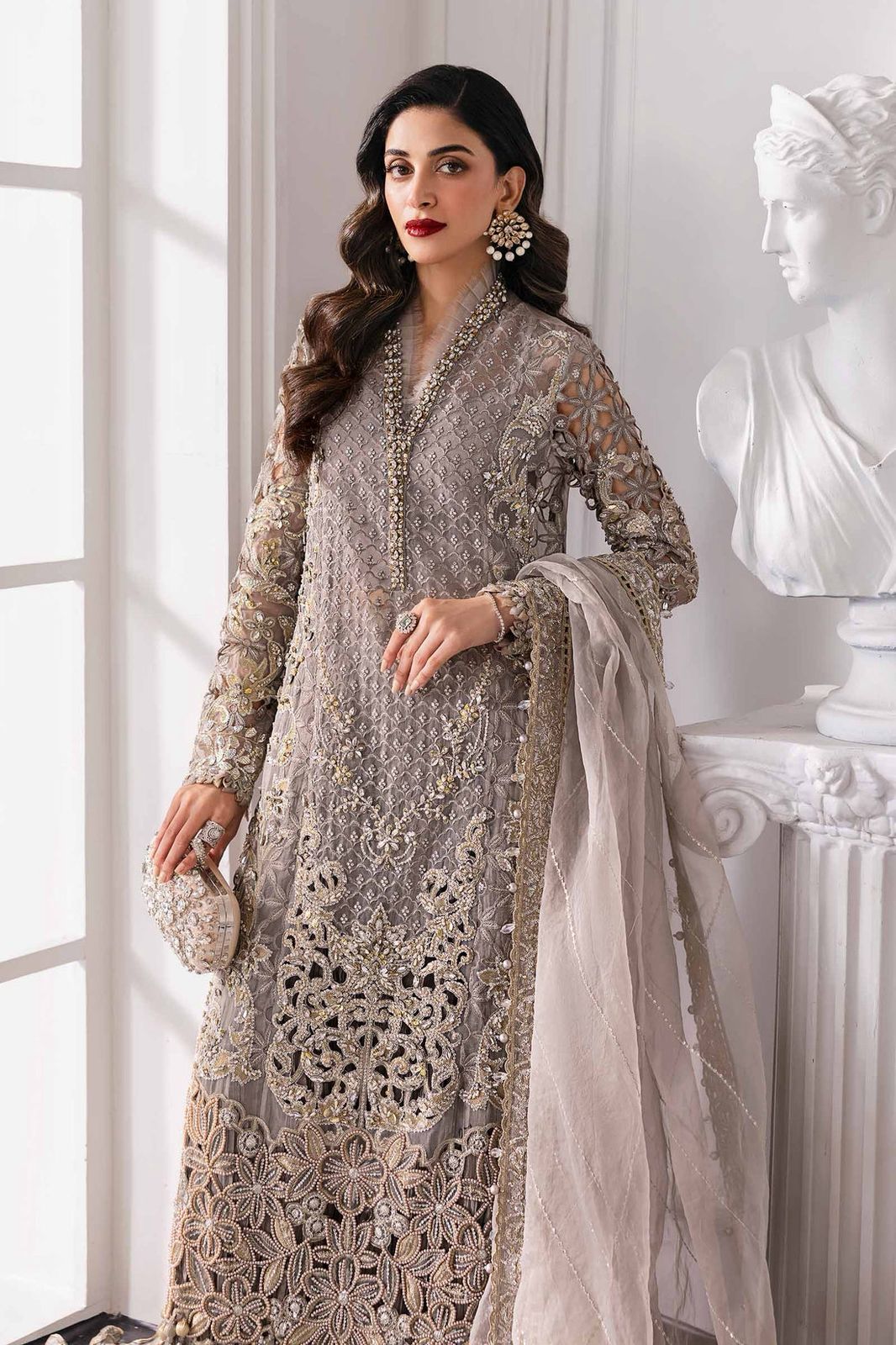 MB Embroidered Grey Luxury Chiffon Gharara