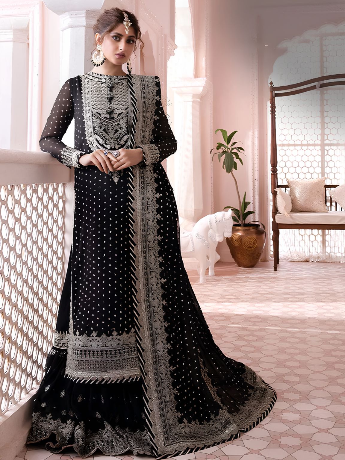 AJ Embroidered Black Chiffon Lehenga