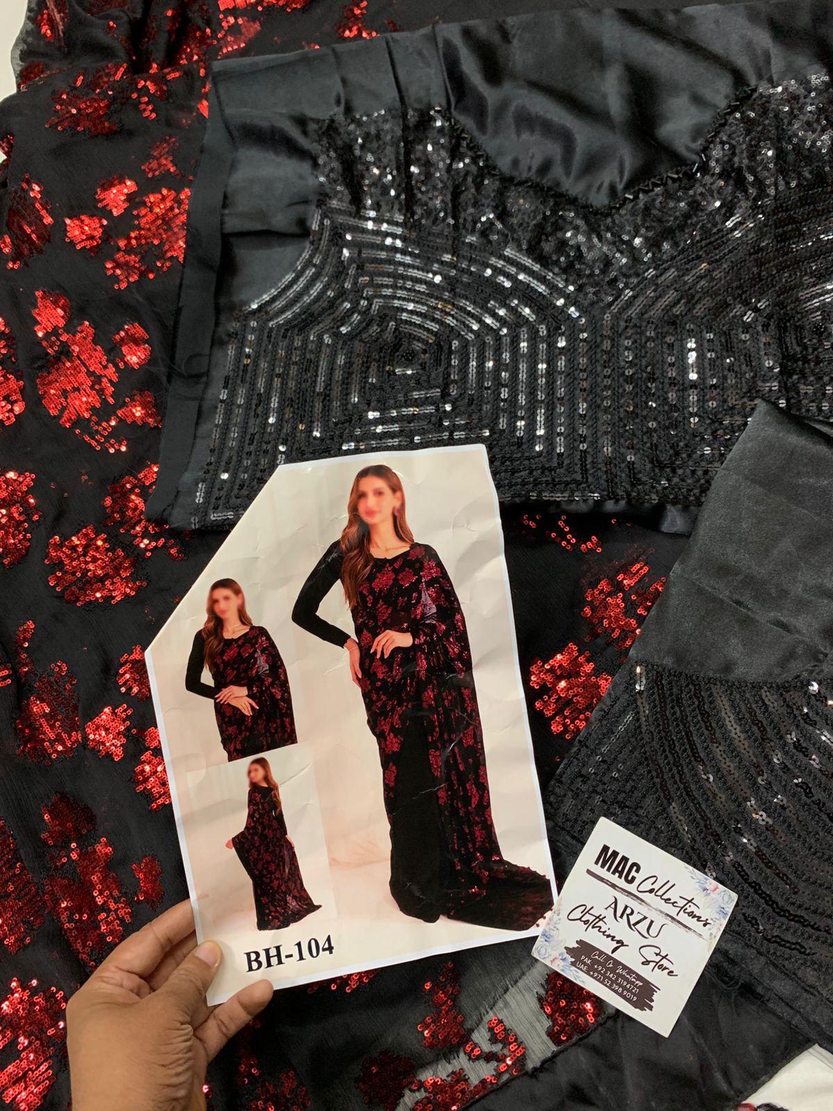 JZM Embroidered Black & Red Luxury Chiffon Saree