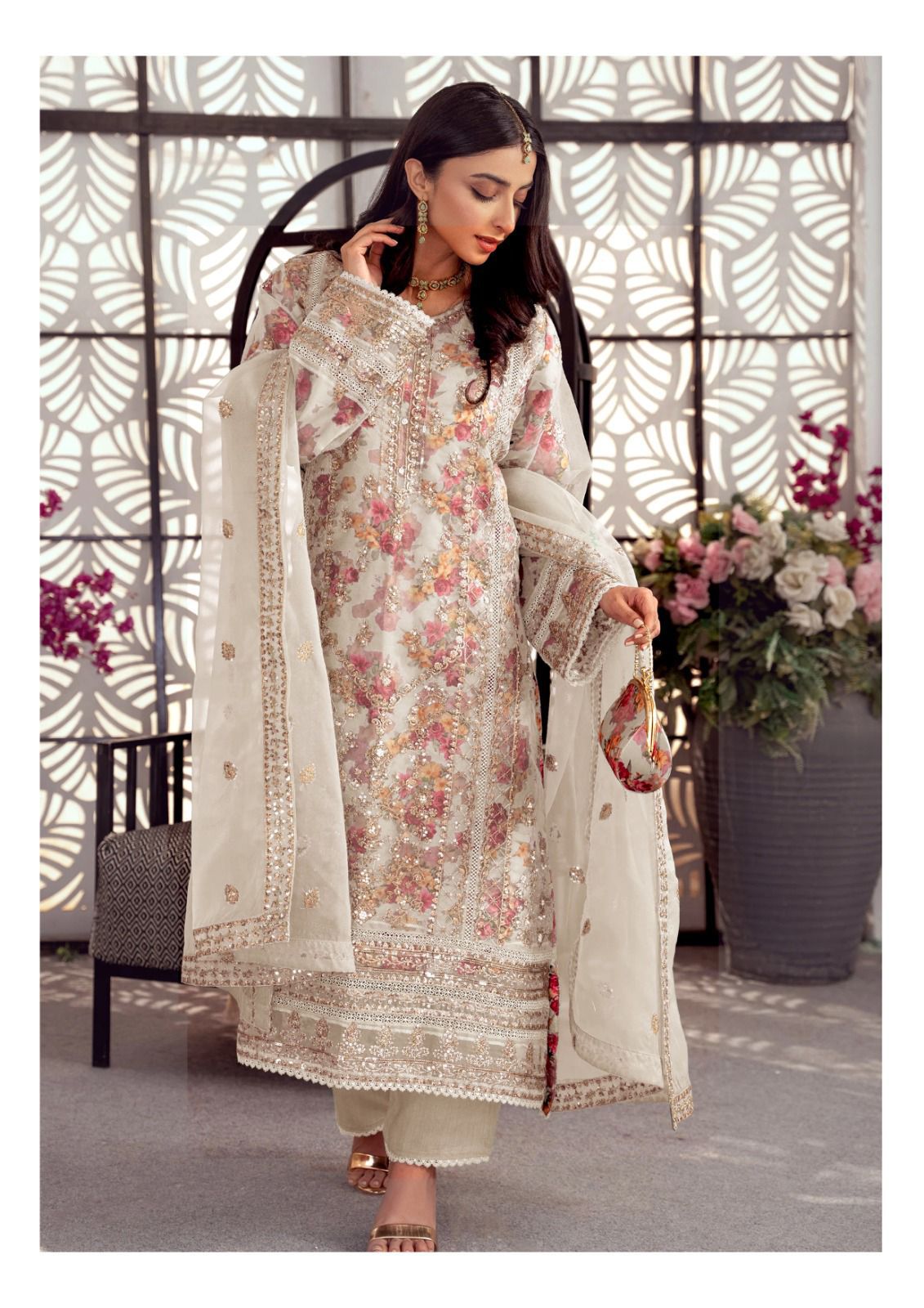 Designer White Organza & Silk Semi Stitched 4 Piece