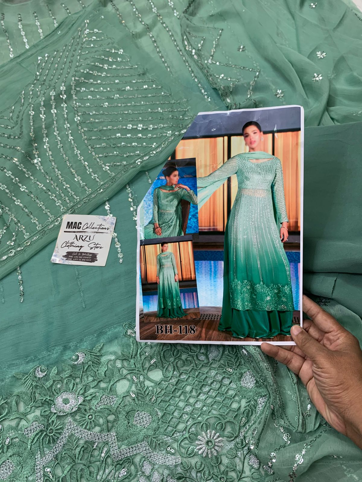 EK Embroidered Tie Dye Sea Green Luxury Chiffon Dress