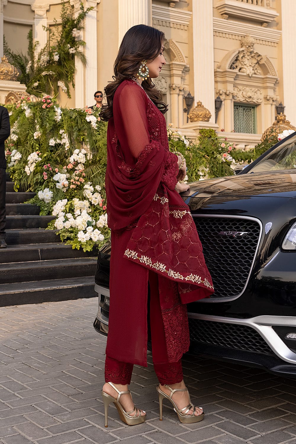 AZU Embroidered Maroon Luxury Chiffon Dress