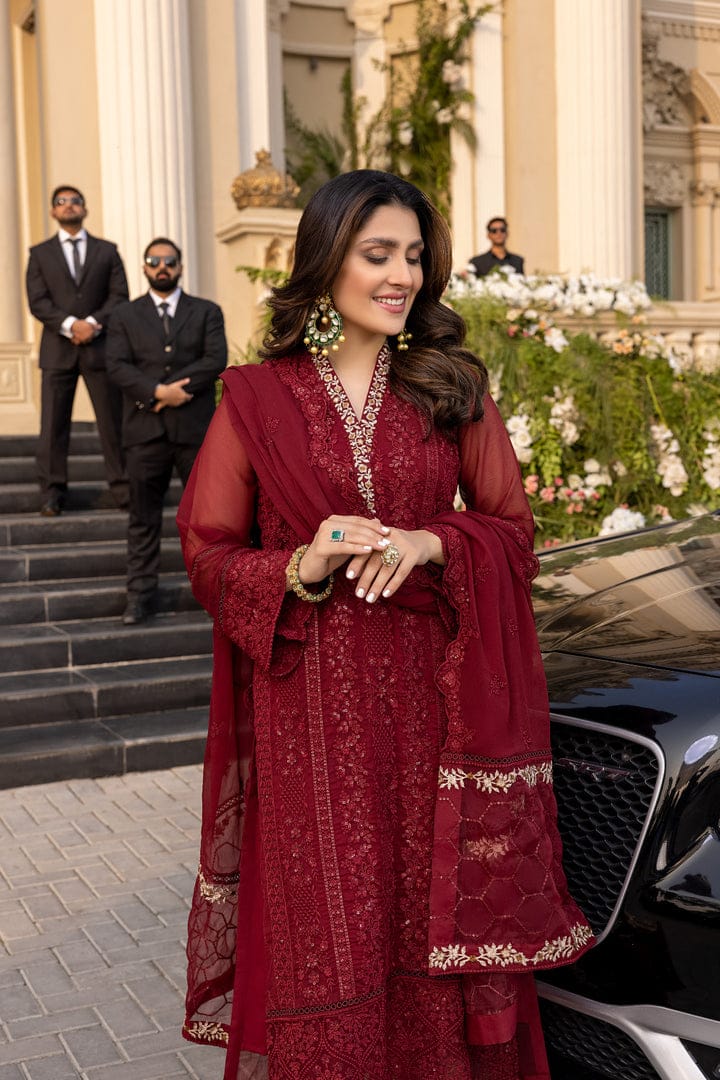 AZU Embroidered Maroon Luxury Chiffon Dress