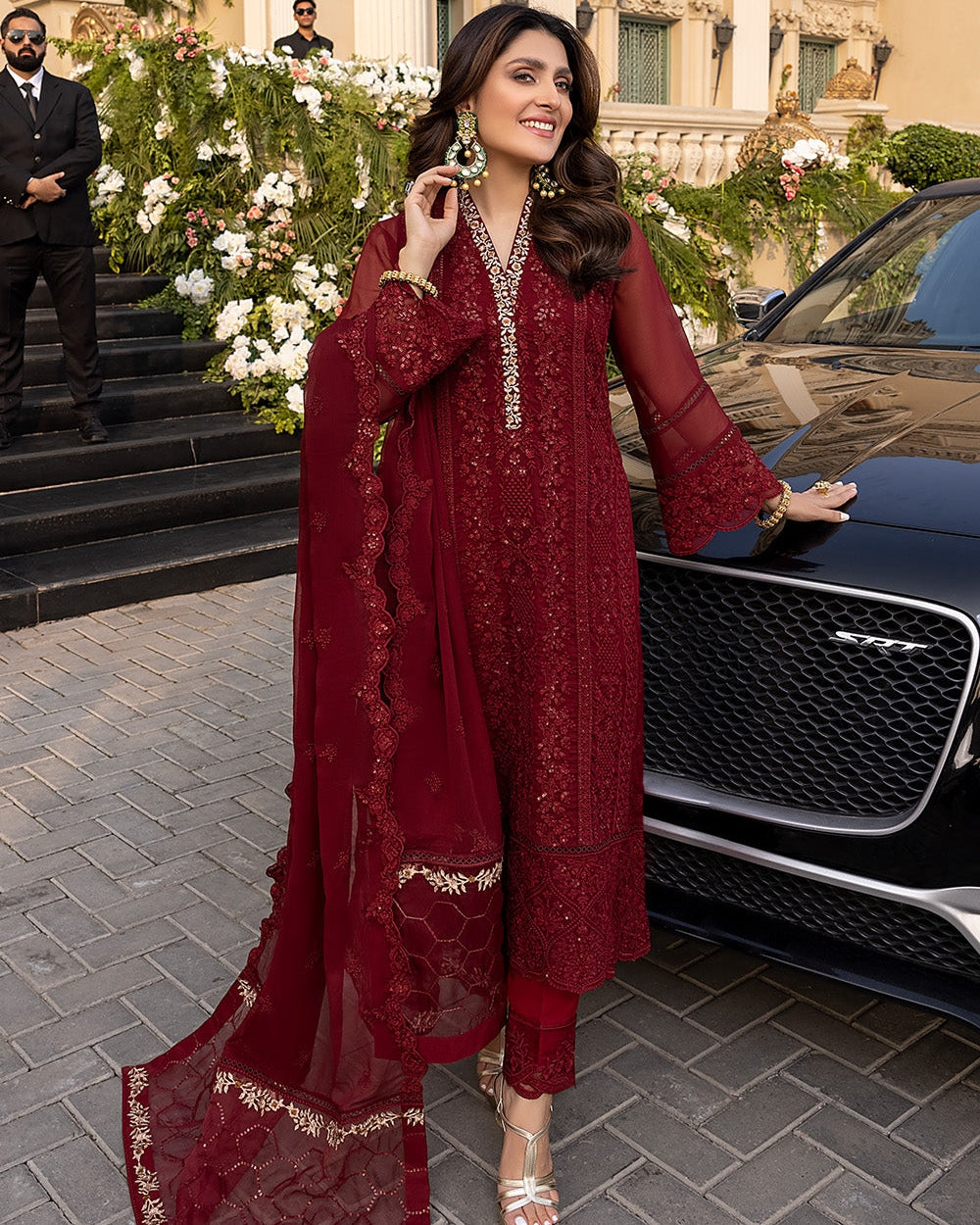 AZU Embroidered Maroon Luxury Chiffon Dress