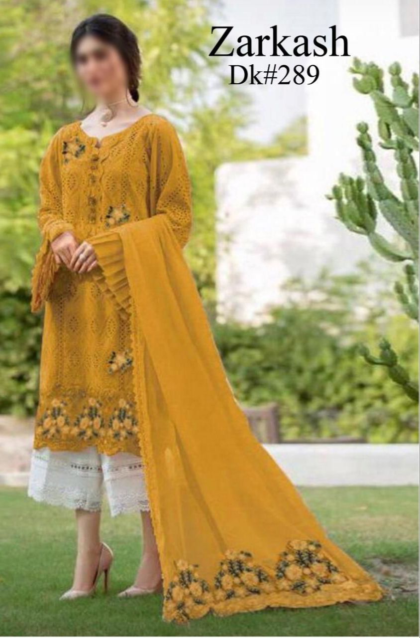 Zarqash Embroidered Luxury Lawn Chikankari Dress (Mustard)