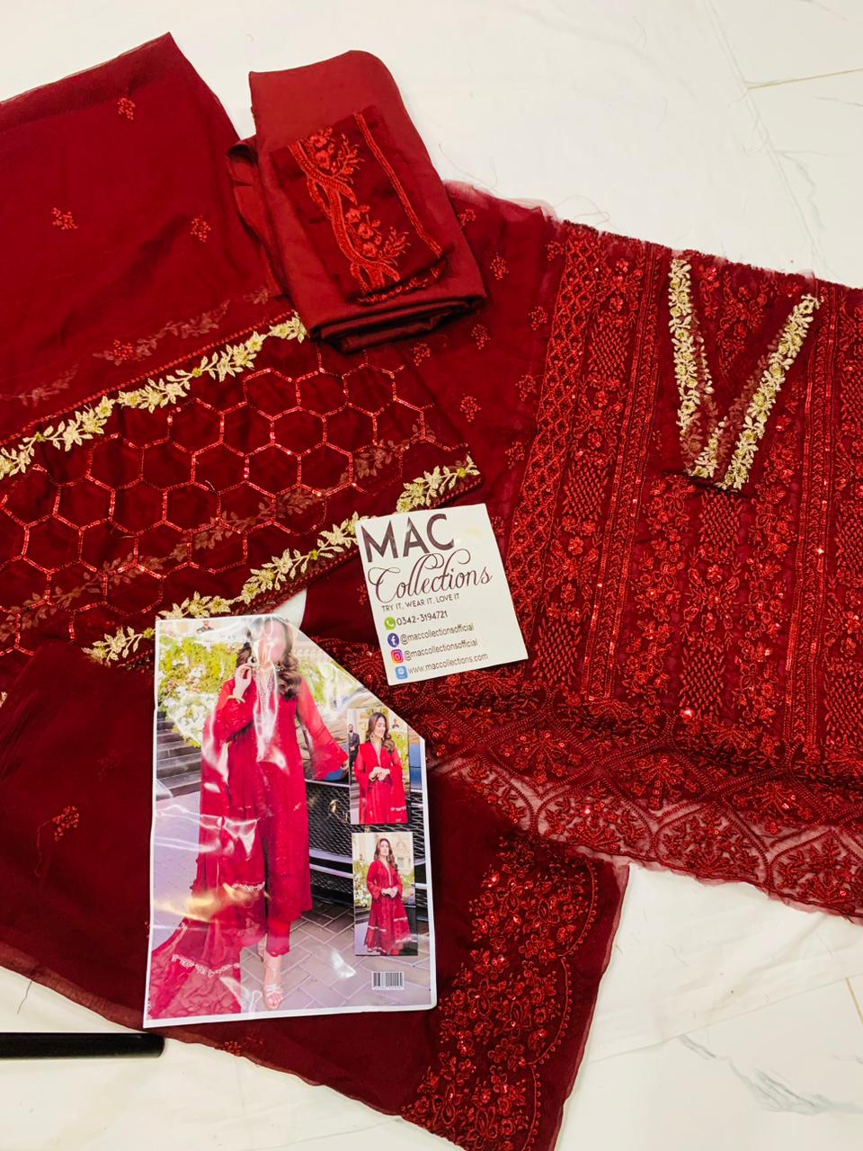 AZU Embroidered Maroon Luxury Chiffon Dress
