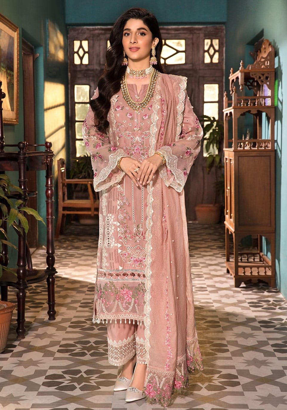 ELF Embroidered Tea Pink Luxury Lawn Dress