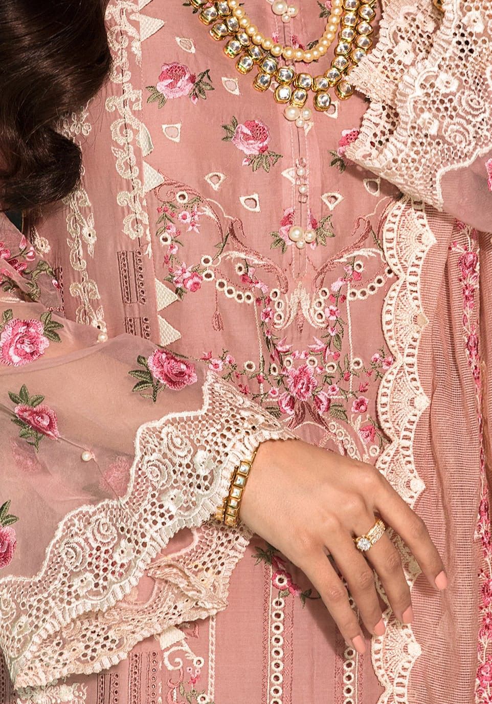 ELF Embroidered Tea Pink Luxury Lawn Dress