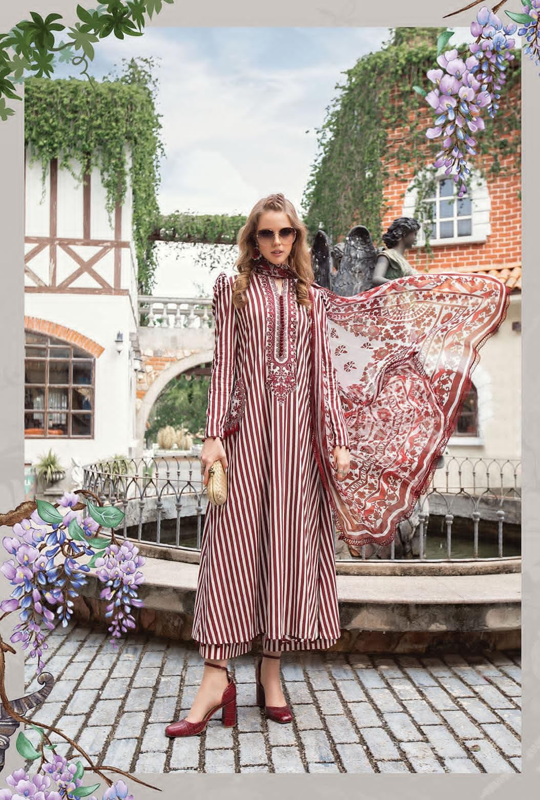 Maria B M Print Maroon lining Luxury Lawn Dress