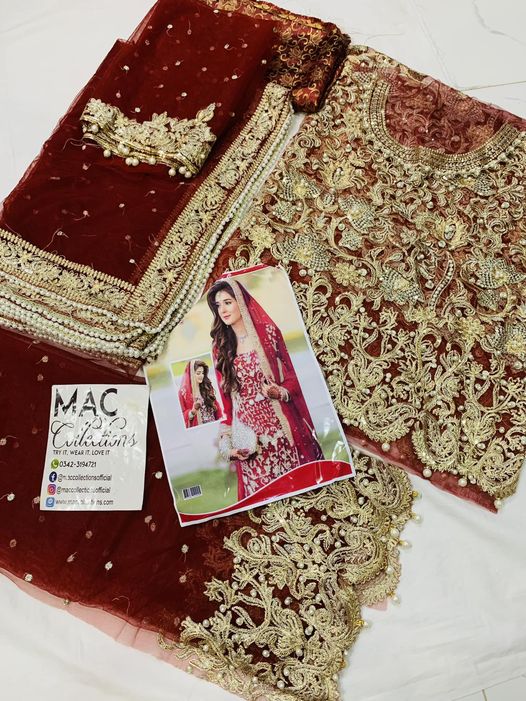 Atif Riaz Bridal Maroon Luxury Net Dress