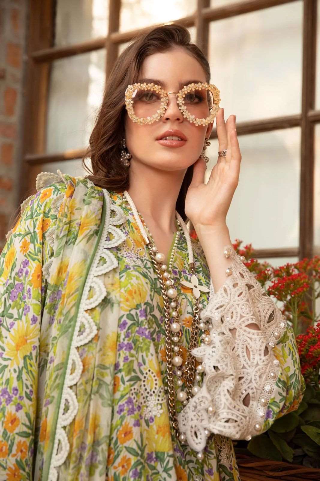 Maria B M Print Luxury Lawn Dress (Yellow Flowers)