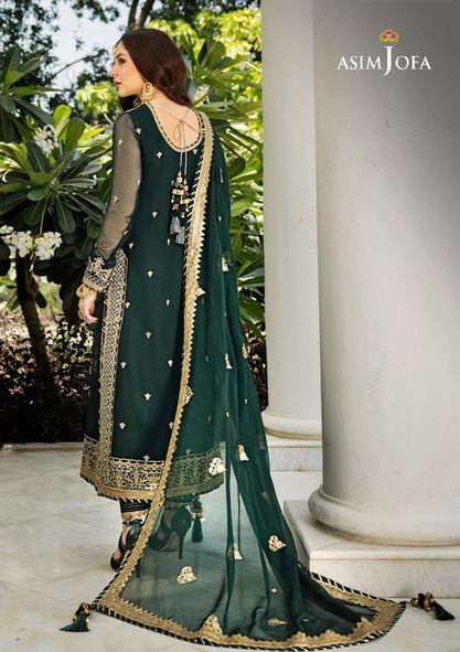 Asim jofa Dark Green Luxury Chiffon Dress