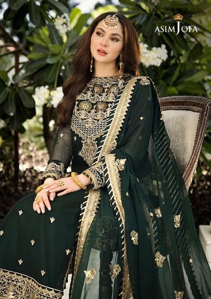 Asim jofa Dark Green Luxury Chiffon Dress