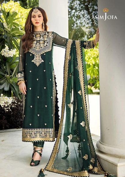 Asim jofa Dark Green Luxury Chiffon Dress