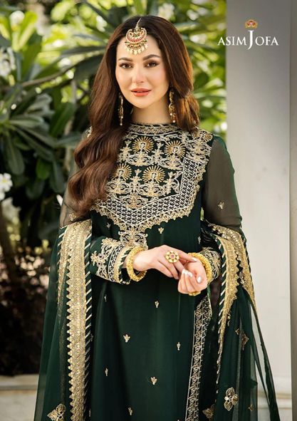 Asim jofa Dark Green Luxury Chiffon Dress