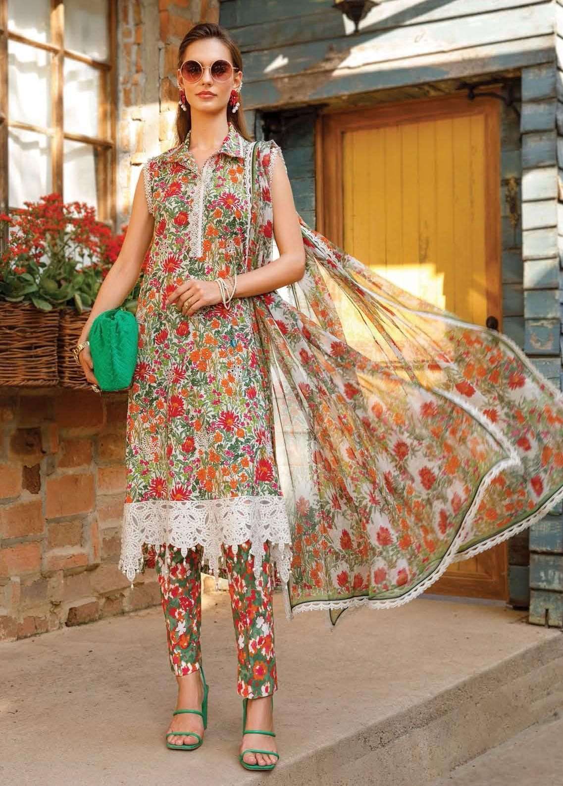 Maria B M Print Orange Flower Luxury Lawn Collection Replica